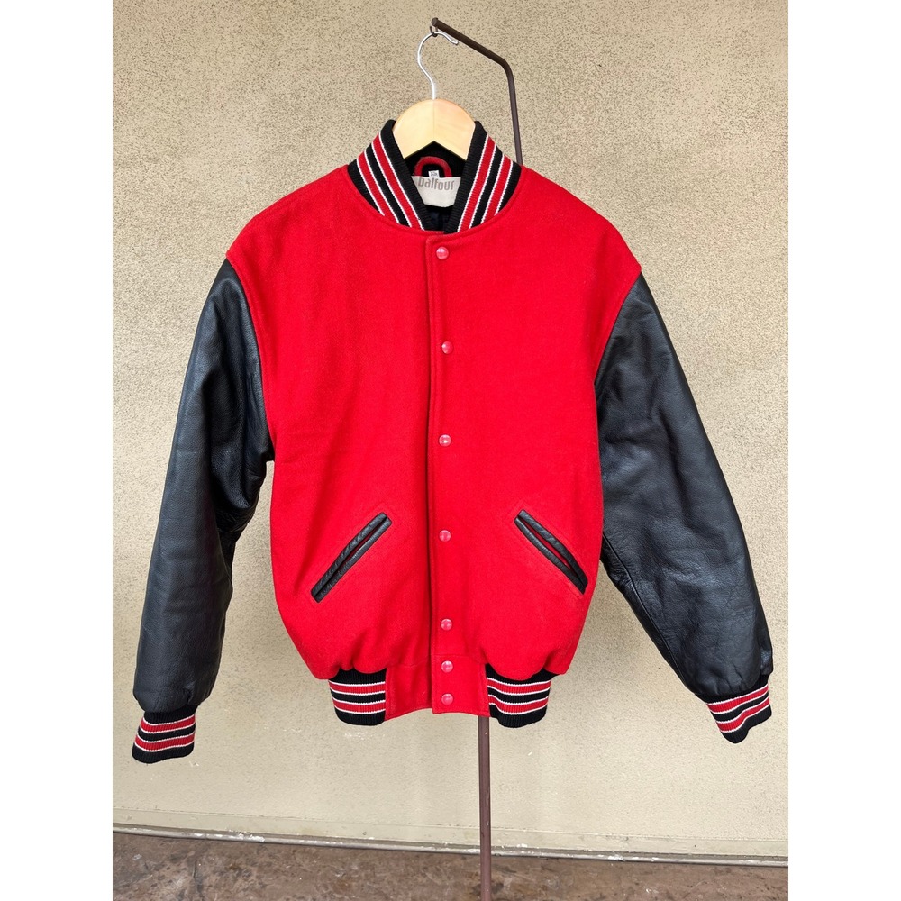 Vtg Balfour Mens Varsity Letterman Bomber Jacket Red Wool Black Leather Men's XS